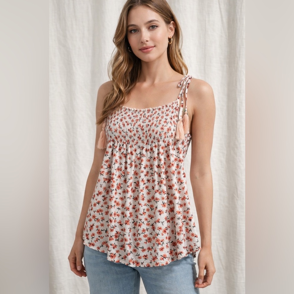 Floral Sleeveless Top with Tassels
